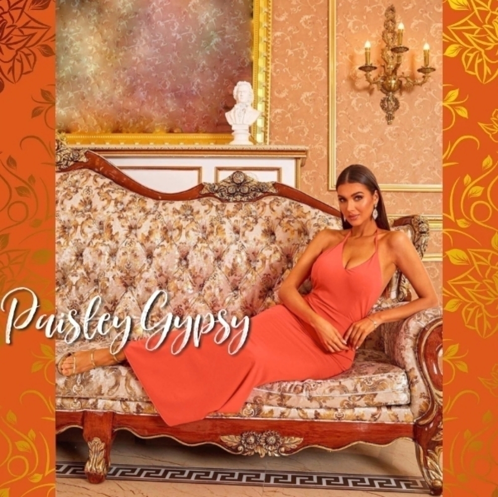Stunning Double Deep V Fit and Flare Halter Evening Gown in Deep Coral O… - Picture 8 of 9